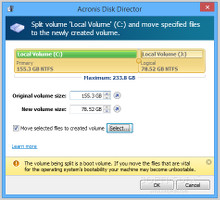 Showing the options for splitting volumes in Acronis Disk Director